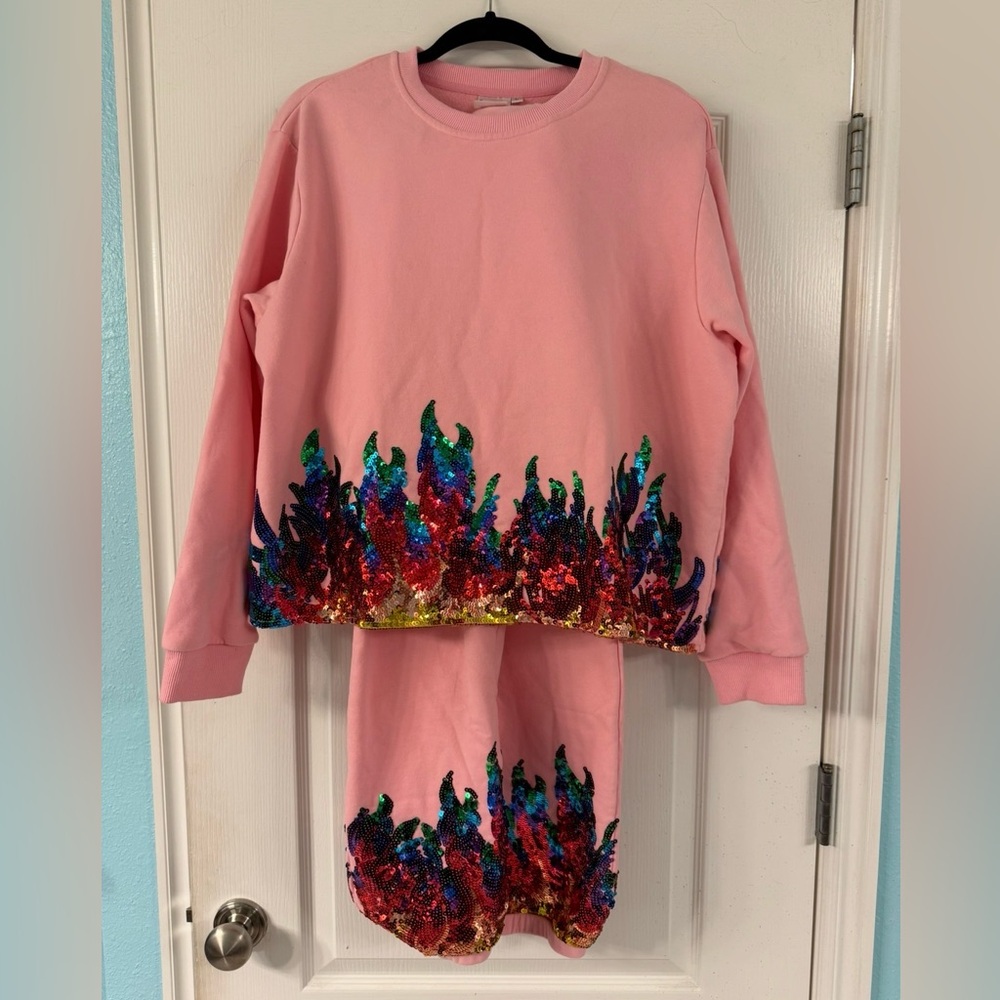 QOS Pink Sequin Flame Sweatshirt (size L) & Sweatpants (size M)